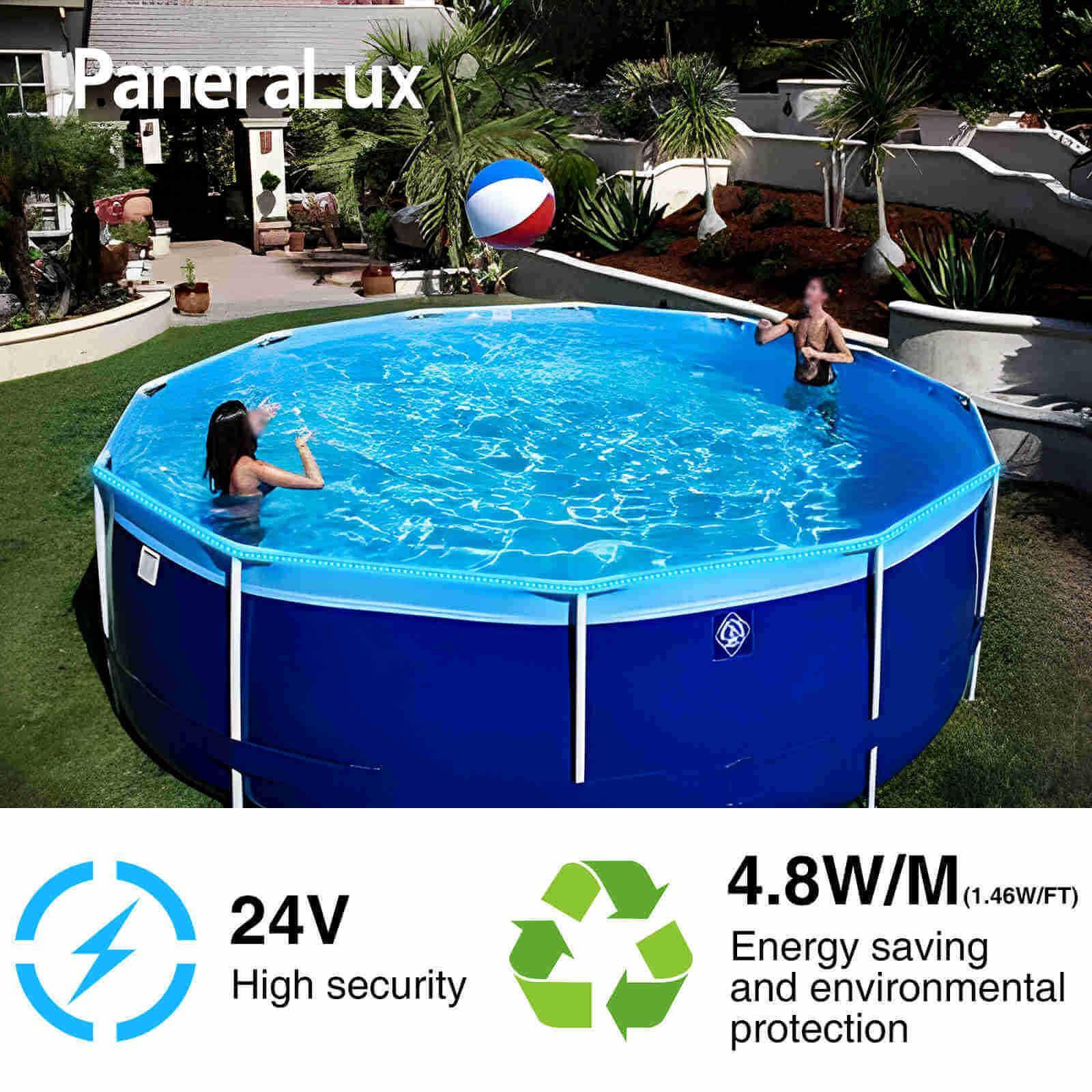 Family playing in swimming pool with Above Ground pool lights installed