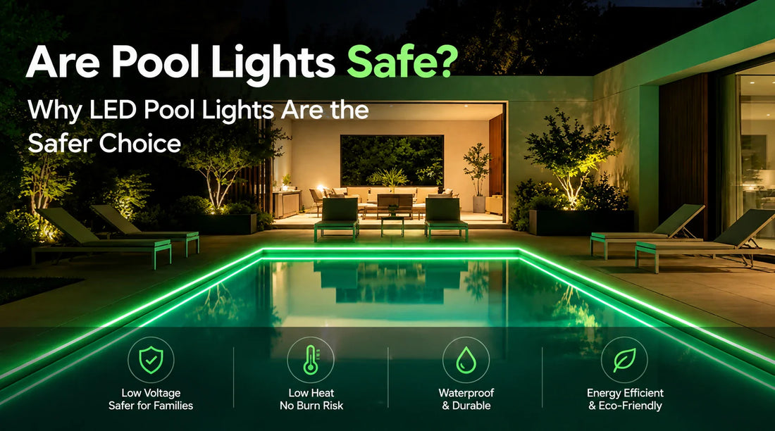 Modern swimming pool with low-voltage LED pool strip lights demonstrating safe, energy-efficient, waterproof pool lighting.