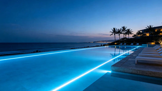 Modern waterproof pool lights illuminating an above ground pool for a stylish backyard
