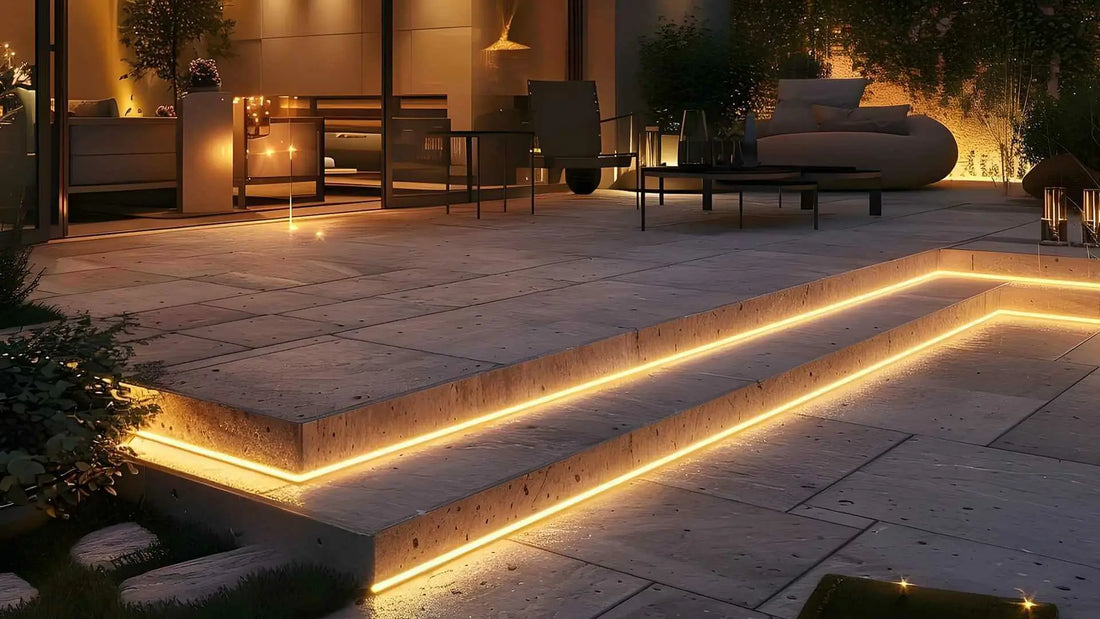 landscape outdoor LED strip lights installed along curved garden edge