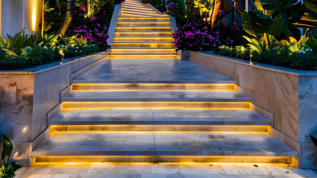 Modern outdoor stair lights with LED strip lighting installed on garden steps