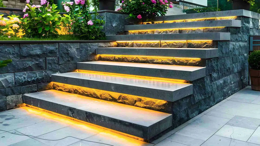 modern outdoor step lights installed under stone stairs for landscape stair lighting