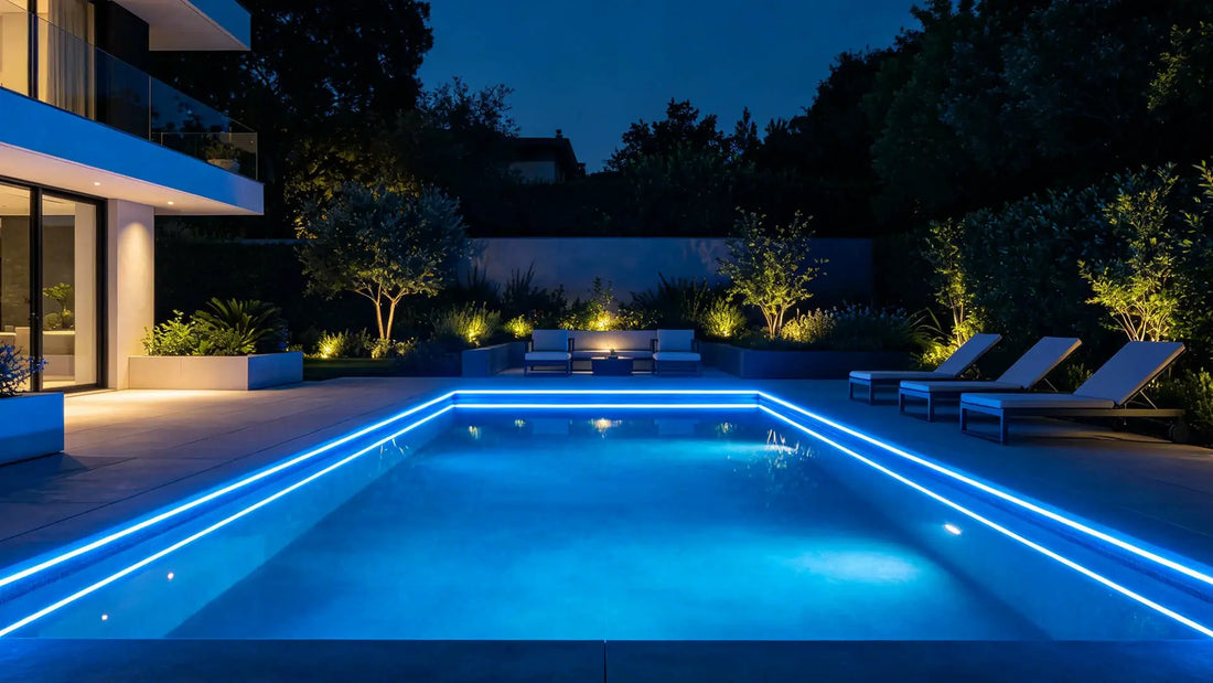 Backyard swimming pool with bright LED strip lighting, comparing different voltage setups for optimal pool lighting