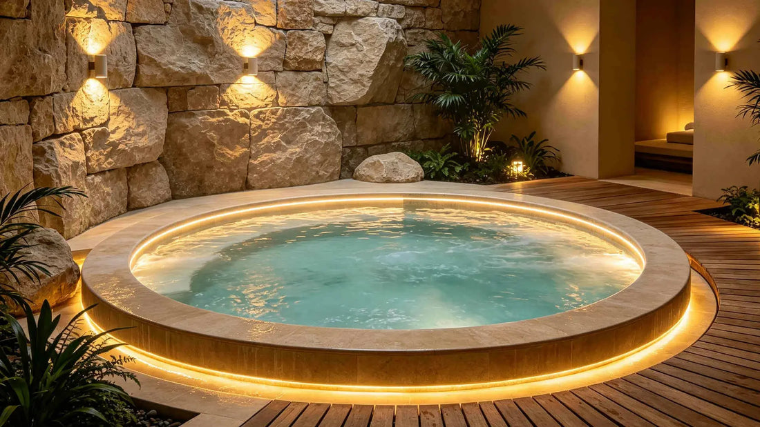 Pool LED strip lights illuminating a modern swimming pool at night