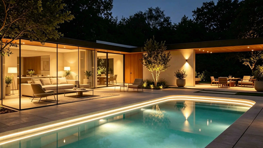 Pool LED strip lights illuminating a modern swimming pool at night