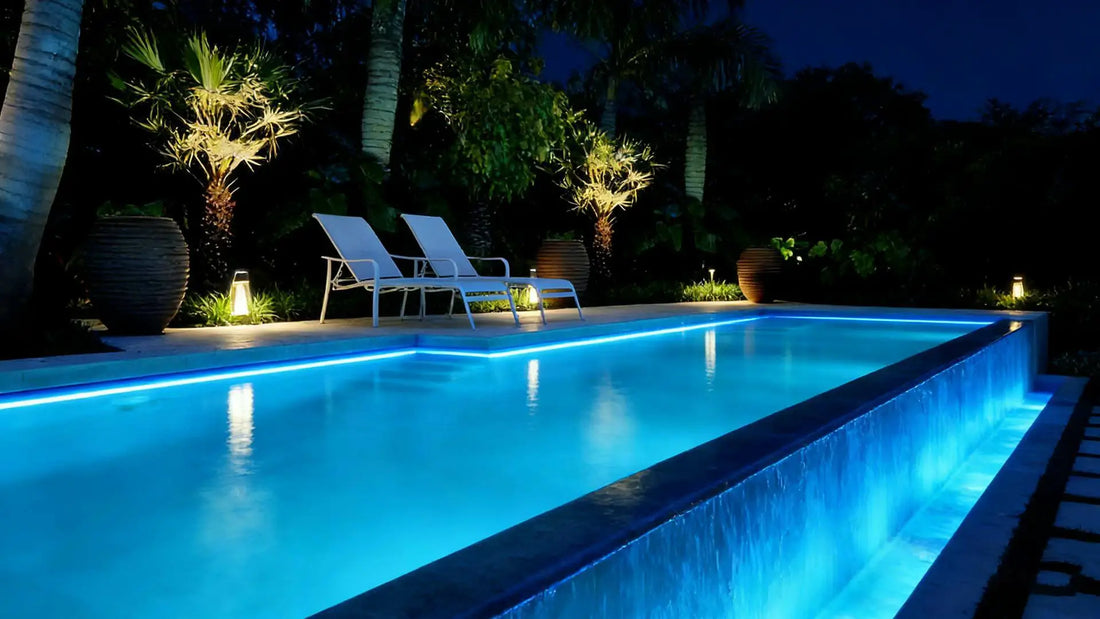 Pool LED strip lights creating a modern blue glow in a residential swimming pool at night