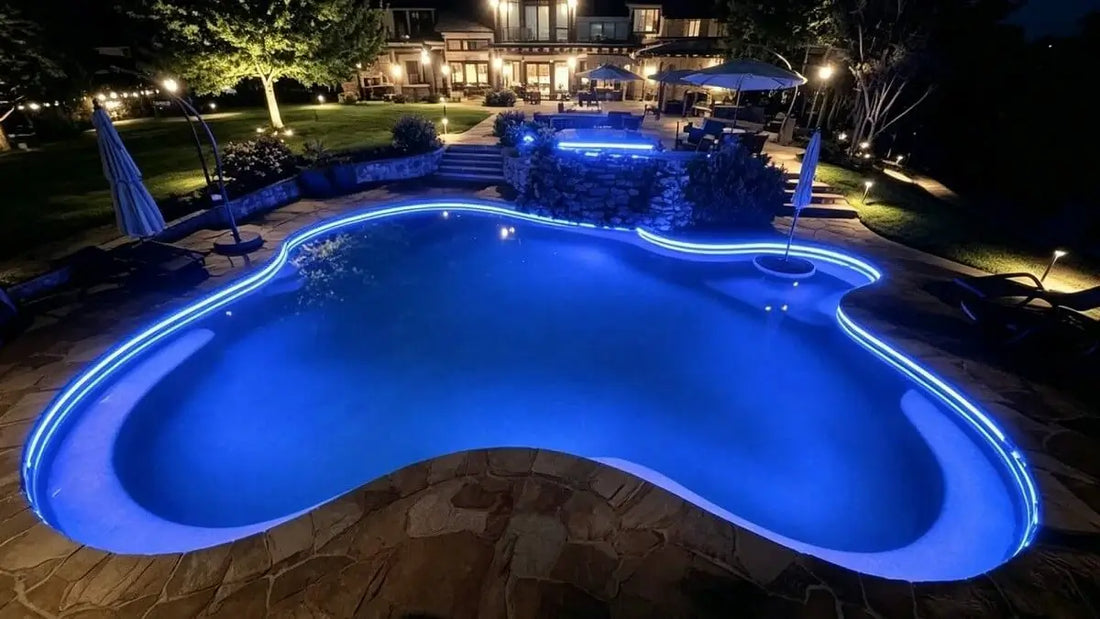 IP68 LED strip lighting installed around a swimming pool perimeter