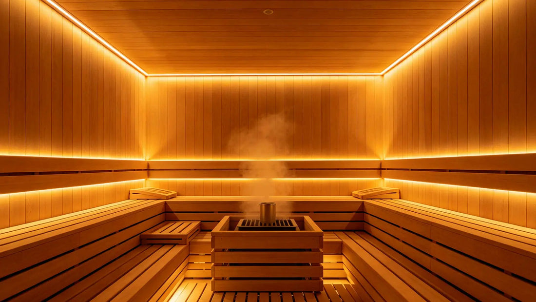 small home sauna with hidden warm LED strip lighting under wooden benches