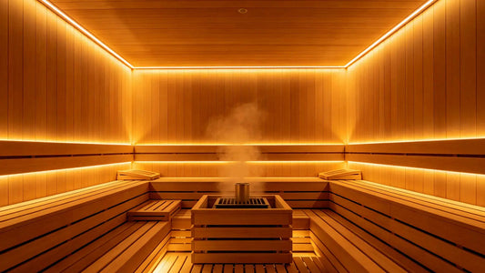 small home sauna with hidden warm LED strip lighting under wooden benches