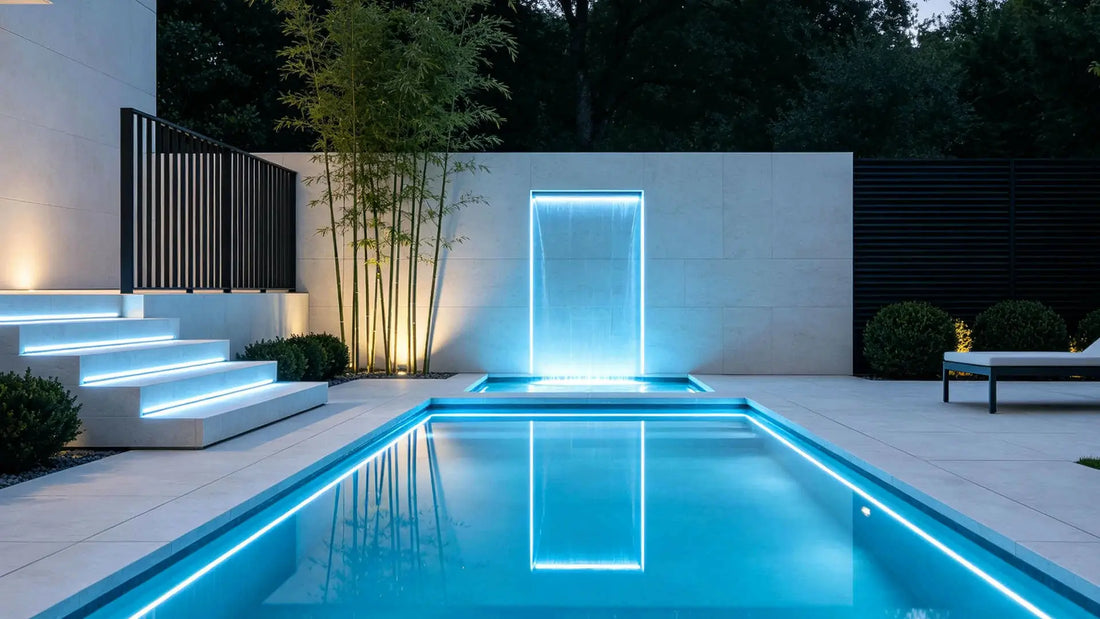 Waterproof LED strip lights installed along a pool edge at night