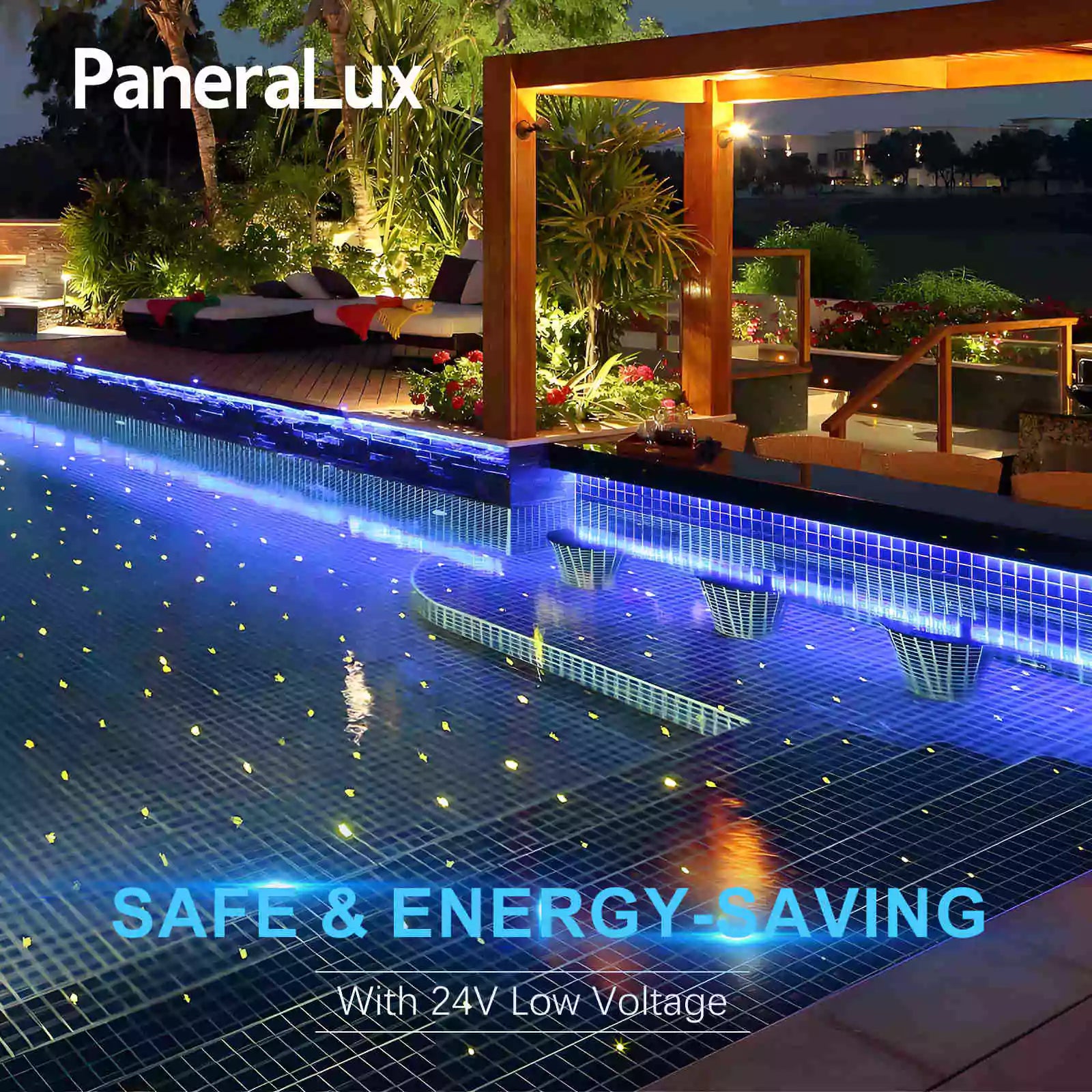 Family Playing in Swimming Pool with Colored Pool Lights Installed