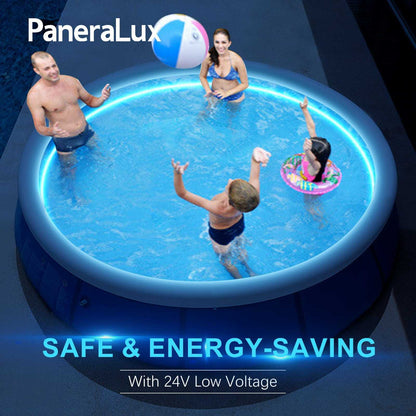 Family playing in swimming pool with colored pool lights installed