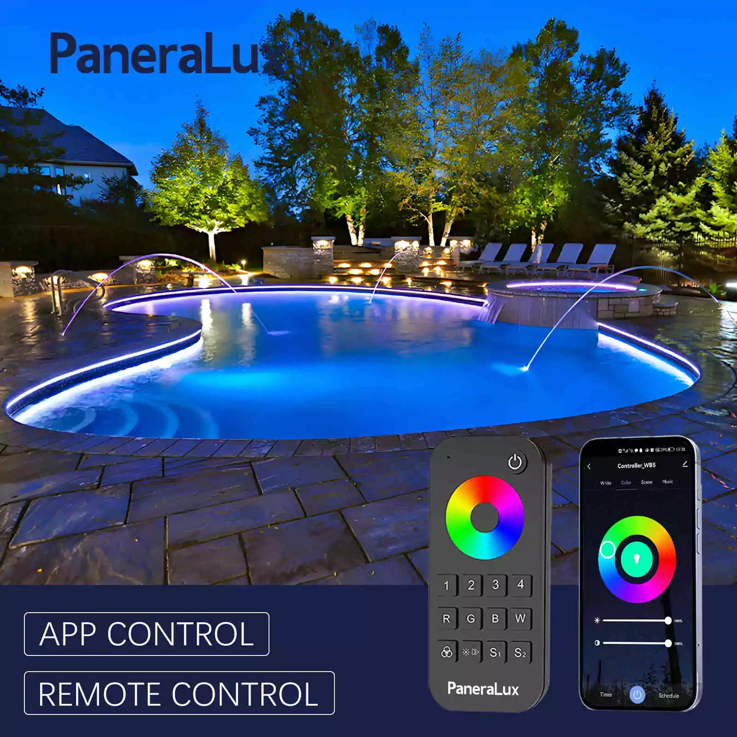 Swimming Pool with Colored Pool Lights Installed by Remote Control
