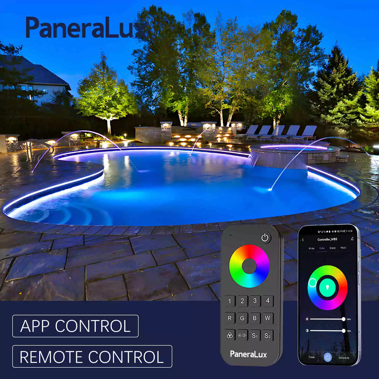 Swimming Pool with Colored Pool Lights Installed by Remote Control